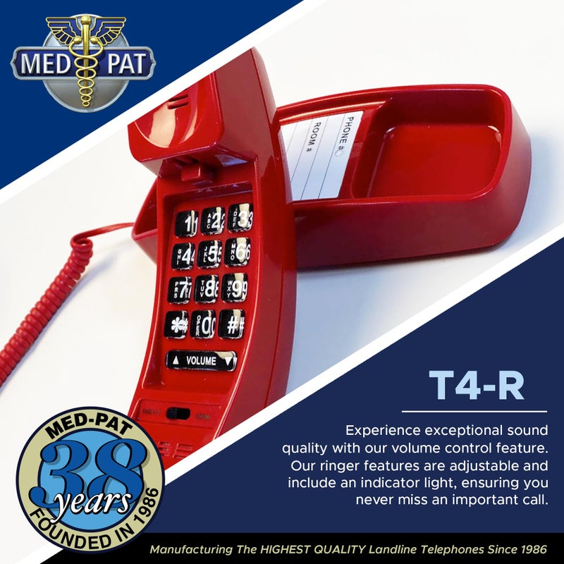 Med-Pat T4-R Full-Featured Trimline Telephone with Super Bright Ring Light Indicator - Clear Ear Sound w/Full Range Volume Control, Ideal for Hotel, Business & Landline Home Use- Red - Image 2